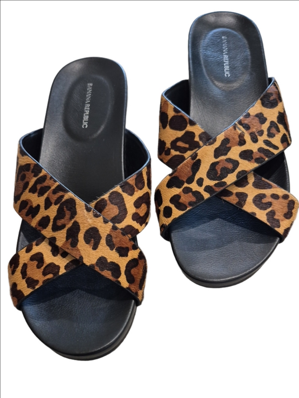 Banana Republic Leopard Calf Hair Crisscross Slide Sandals - Size 10 M